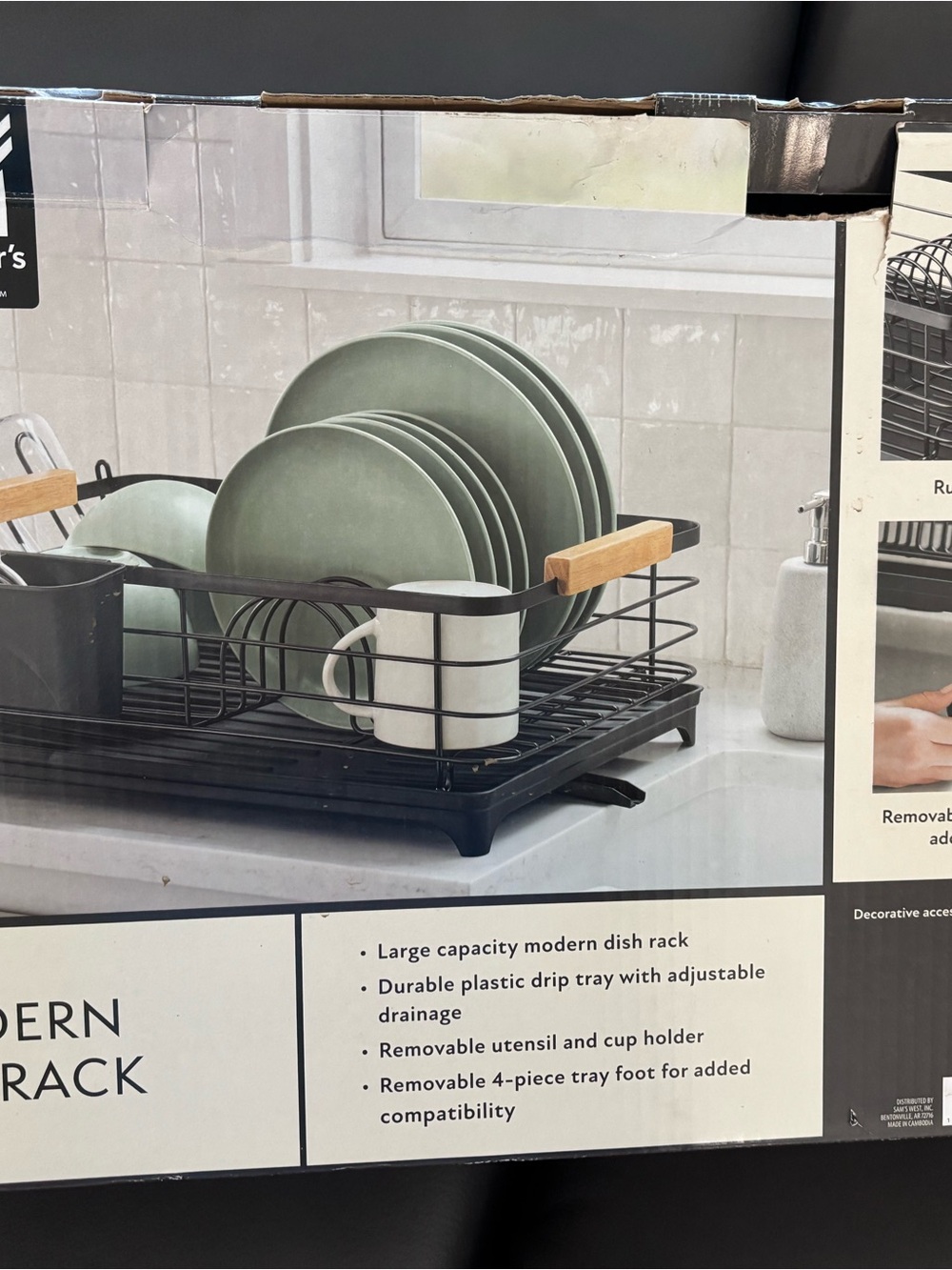 Modern Black Dish Drying Rack with Natural Wood Handles by Members Mark
